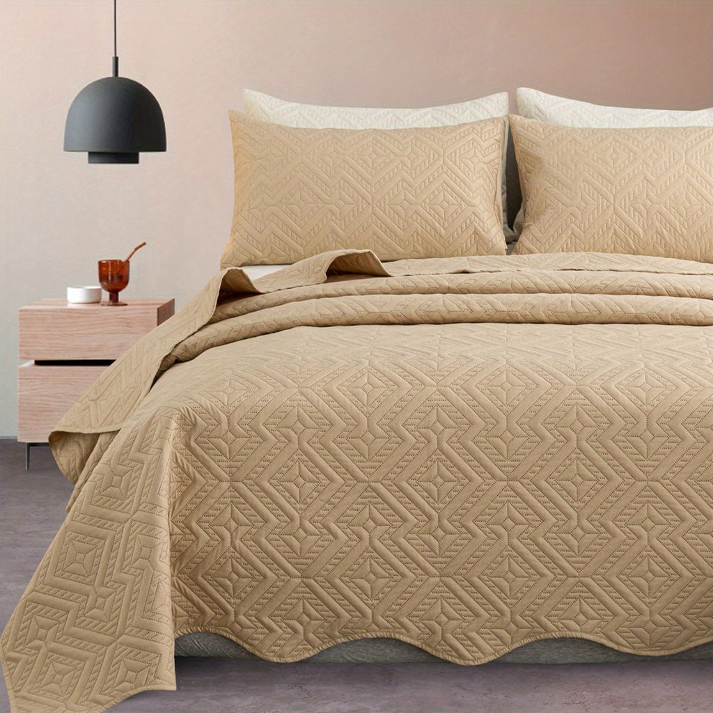 Bedspread Set 3 Piece Striped Rhombus Pattern Soft Breathable Bed Cover with 2 Pillowcases Lightweight Comforter Alternative Bedding Set for Bedroom Dorm Room