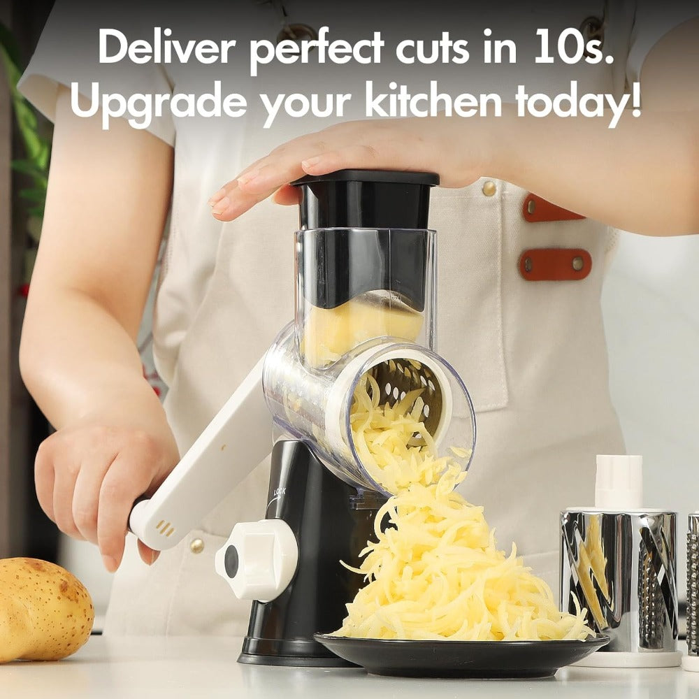 Rotary Cheese Grater ¨C Stainless Steel Hand Crank Shredder with 3 Interchangeable Blades, Non-Slip Suction Base & Cleaning Brush, BPA-Free Vegetable Grater for Cheese, Nuts & Vegetables