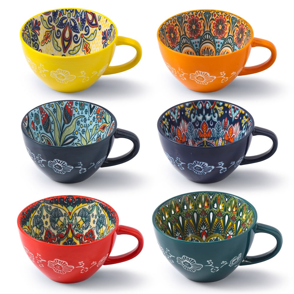 Bohemian Ceramic Coffee Mugs Set of 6 ¨C 15 Oz Large Capacity Breakfast Mug ¨C Microwave Safe for Hot & Cold Drinks ¨C Unique Boho Drinkware Gift for Halloween, Thanksgiving & Christmas