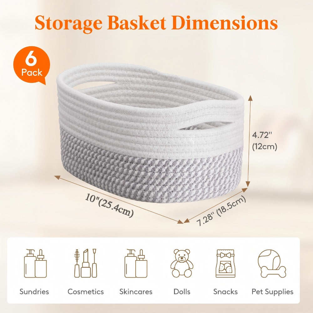 Woven Storage Baskets 6-Pack Cotton Rope Cube Bins 11x7x5¡± | Handmade Small Shelf Baskets for Organizing Closet Bedroom Living Room Playroom | Round Decorative Storage Caddy Multiple Colors