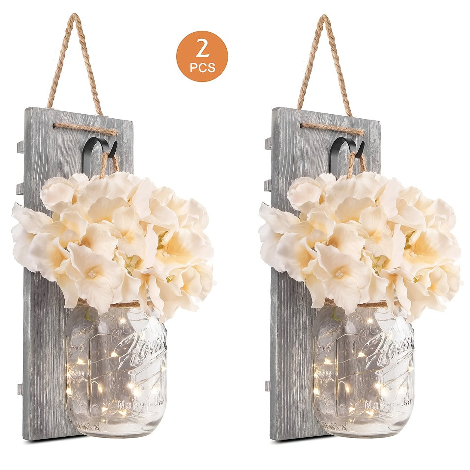 Mason Jar Wall Sconces Set of 2 - Rustic Farmhouse Wall Decor with Ivory Hydrangea Flowers, Warm White Light Fixture for Living Room Bedroom Kitchen Bathroom