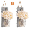 Mason Jar Wall Sconces Set of 2 - Rustic Farmhouse Wall Decor with Ivory Hydrangea Flowers, Warm White Light Fixture for Living Room Bedroom Kitchen Bathroom