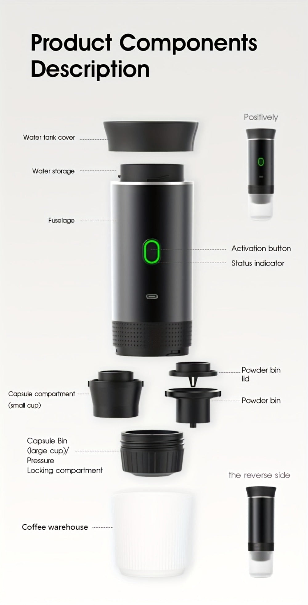 Portable Capsule Coffee Machine USB Rechargeable One-Touch Brewing Compact Automatic Espresso Maker for Travel Office Dorm Room Under 1L Stylish Transparent Design for Coffee Lovers Black White