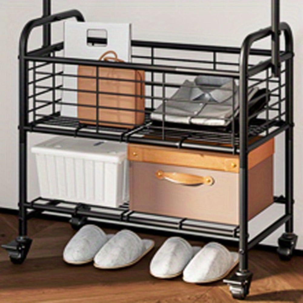 Rolling Laundry Basket with Wheels and Hanging Rack, Laundry Sorter Cart with Shelf and Locking Casters, Heavy Duty Steel Frame, Multifunctional Clothes Hamper for Laundry Room Bedroom Bathroom, White Black Silver