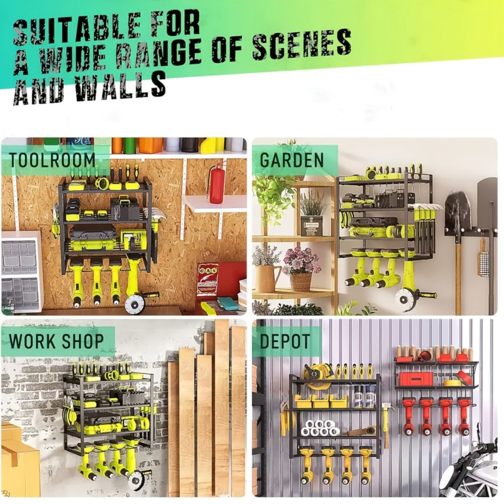 Wall Tool Storage Rack Heavy Duty Metal Organizer - 4 Layer Cordless Drill Holder Clamp Bracket Workbench Wall Mount Space Saving Workshop Garage Storage