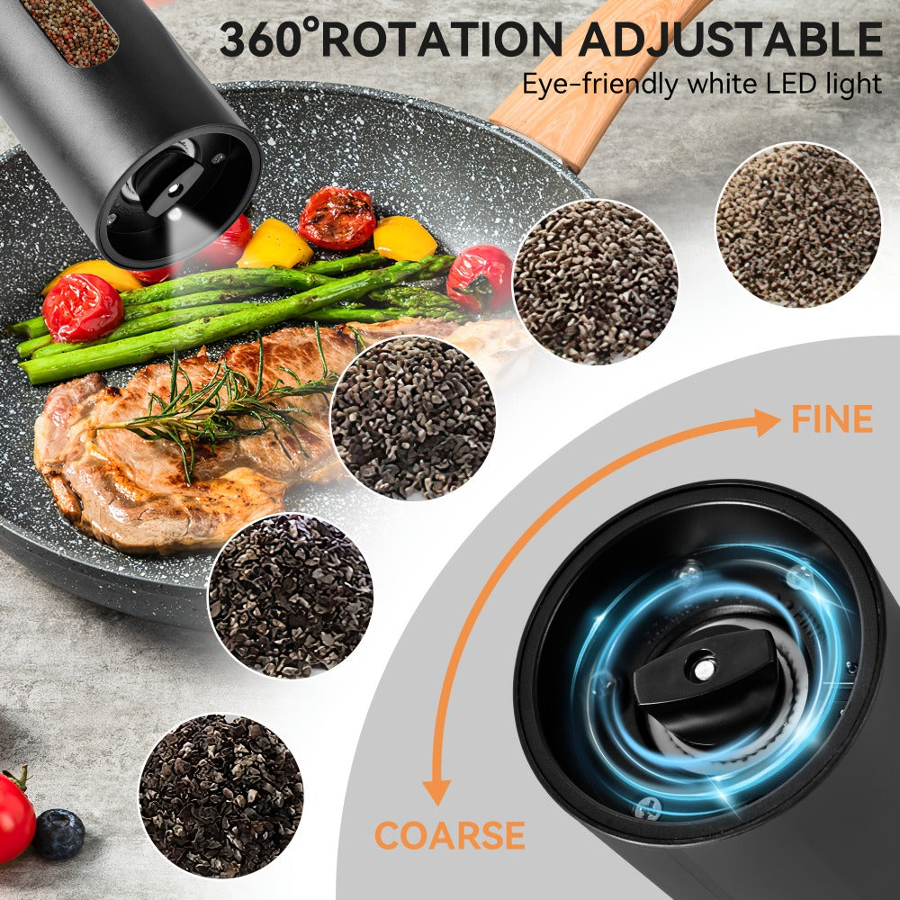 Electric Pepper Grinder Set USB-C Rechargeable with LED Light Ceramic Core Adjustable Coarseness One-Hand Automatic Salt Pepper Mill Kitchen Gift for Home Cooking Camping BBQ