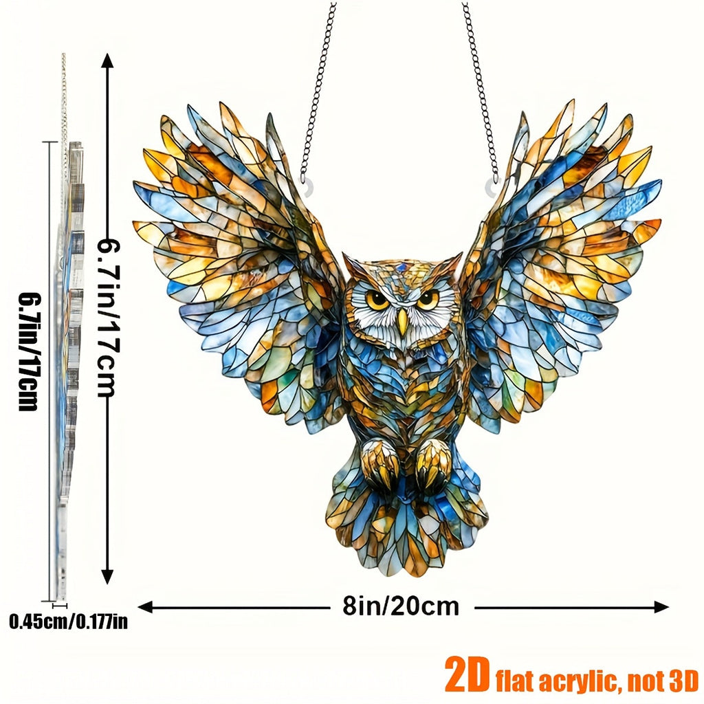 Owl Hanging Ornament Colorful Acrylic 6.7¡±x8¡±, 2D Flat Animal Wall Art Decoration for Christmas Tree, Home, Office & Outdoor, Unique Birthday & Anniversary Gift for Her ¨C Boho Bird Decor (1pc)