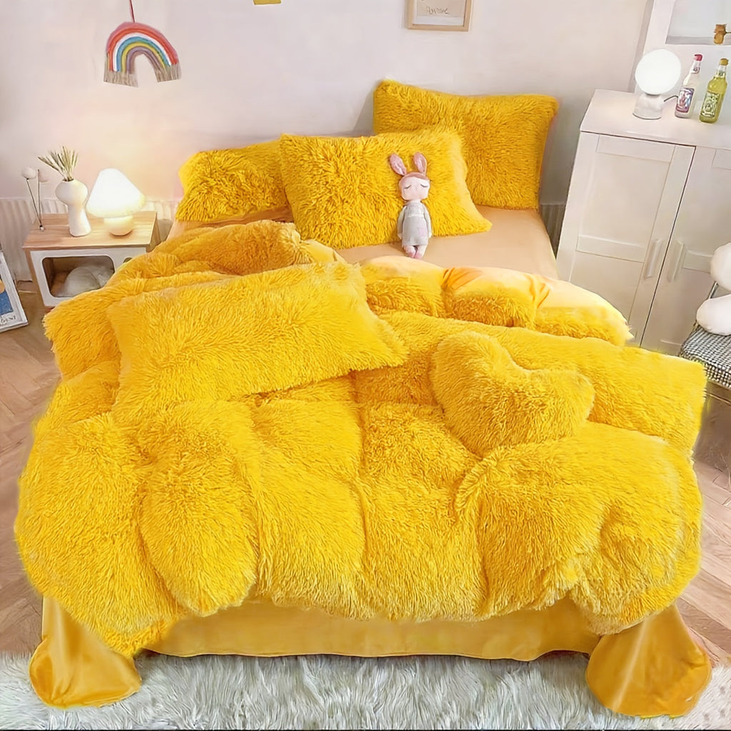Faux Fur Duvet Cover Set Twin Queen King Super Soft Plush Comforter Cover with Pillowcases Heart Pillow for Kids Teens Machine Washable Bedroom Decor
