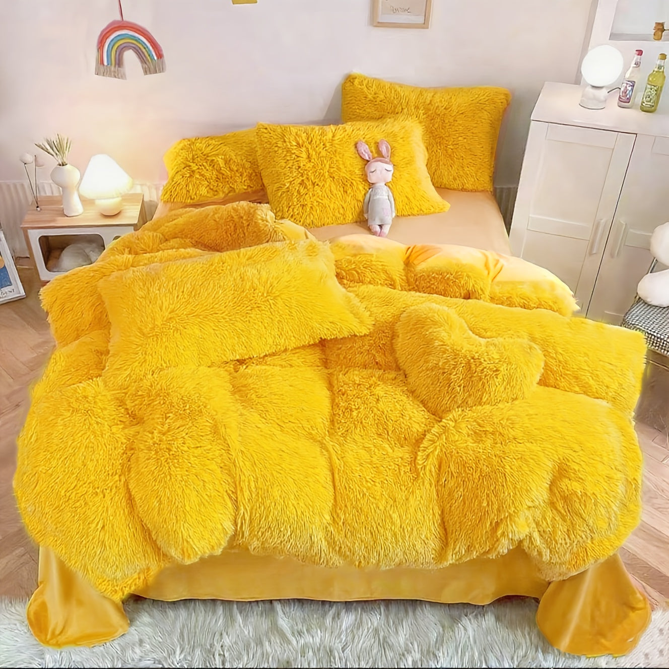Faux Fur Duvet Cover Set Twin Queen King Super Soft Plush Comforter Cover with Pillowcases Heart Pillow for Kids Teens Machine Washable Bedroom Decor