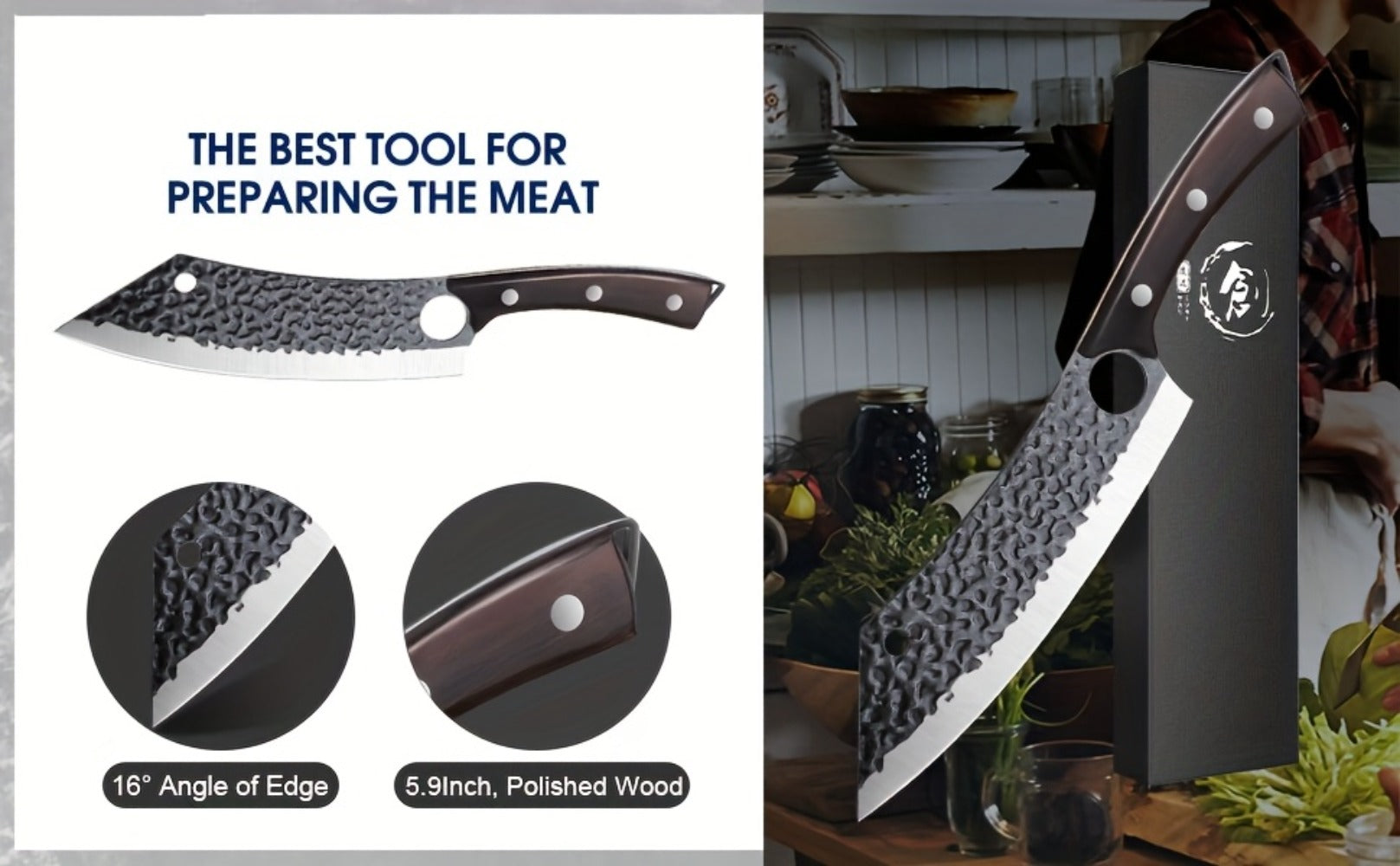 Butcher Knife 8 Inch Hand Forged High Carbon Steel Cleaver ¨C Meat & Vegetable Chopping Knife with Finger Hole, Wooden Handle
