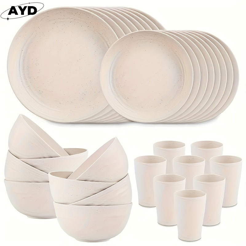 Wheat Straw Dinnerware Set Unbreakable 16 or 32-Piece Service for 4 or 8, Lightweight Dishwasher Microwave Safe Dish Set with Plates Bowls Cups, Modern Kitchen Tableware for Everyday Camping Outdoor Use