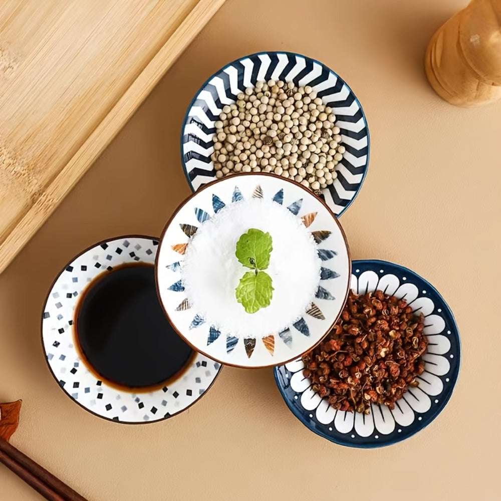 Dipping Sauce Dish Set 10/12 Piece Bohemian Ceramic ¨C Colorful Small Plates for Soy Sauce Vinegar Spices Condiments Sushi Bar Restaurant Kitchen Party Boho Snack Seasoning Plate