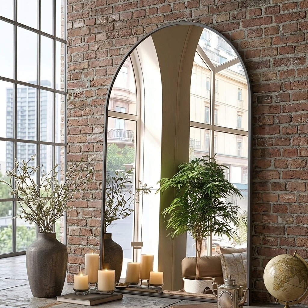 Arched Bathroom Mirror Metal Frame Wall Mounted Vanity Mirror Golden Black
