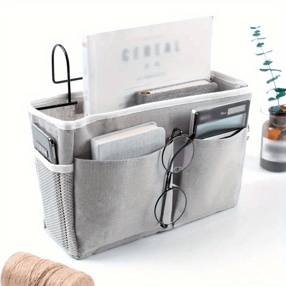 Bedside Hanging Organizer 2Pack Bed Rail Storage Bag - Bunk Bed Dorm Hospital Caddy for Books Magazines Phone Glasses Kettle Bedroom Shelf Basket Gray White