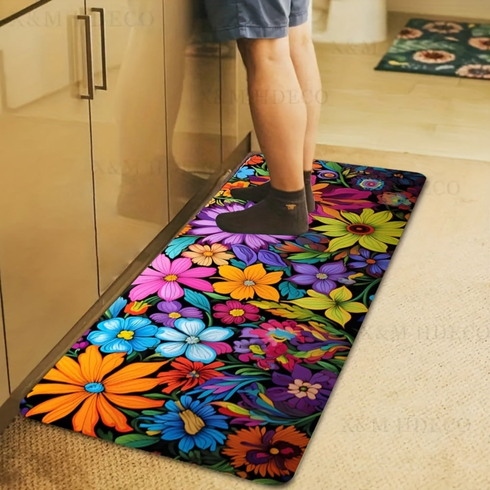 Kitchen Mat Floral Design ¨C Soft Non-Slip Rectangular Rug, Machine Washable 100% Polyester Floor Mat for Kitchen, Bathroom, Laundry Room, Living Room & Bedroom