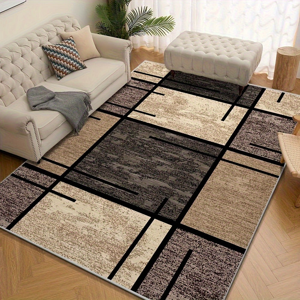 Machine Washable Area Rug Geometric Beige Brown Velvet 850 GSM Fade-Resistant Polyester Carpet for Living Room Bedroom Dining Room Office Non-Slip Rectangle Floor Rug