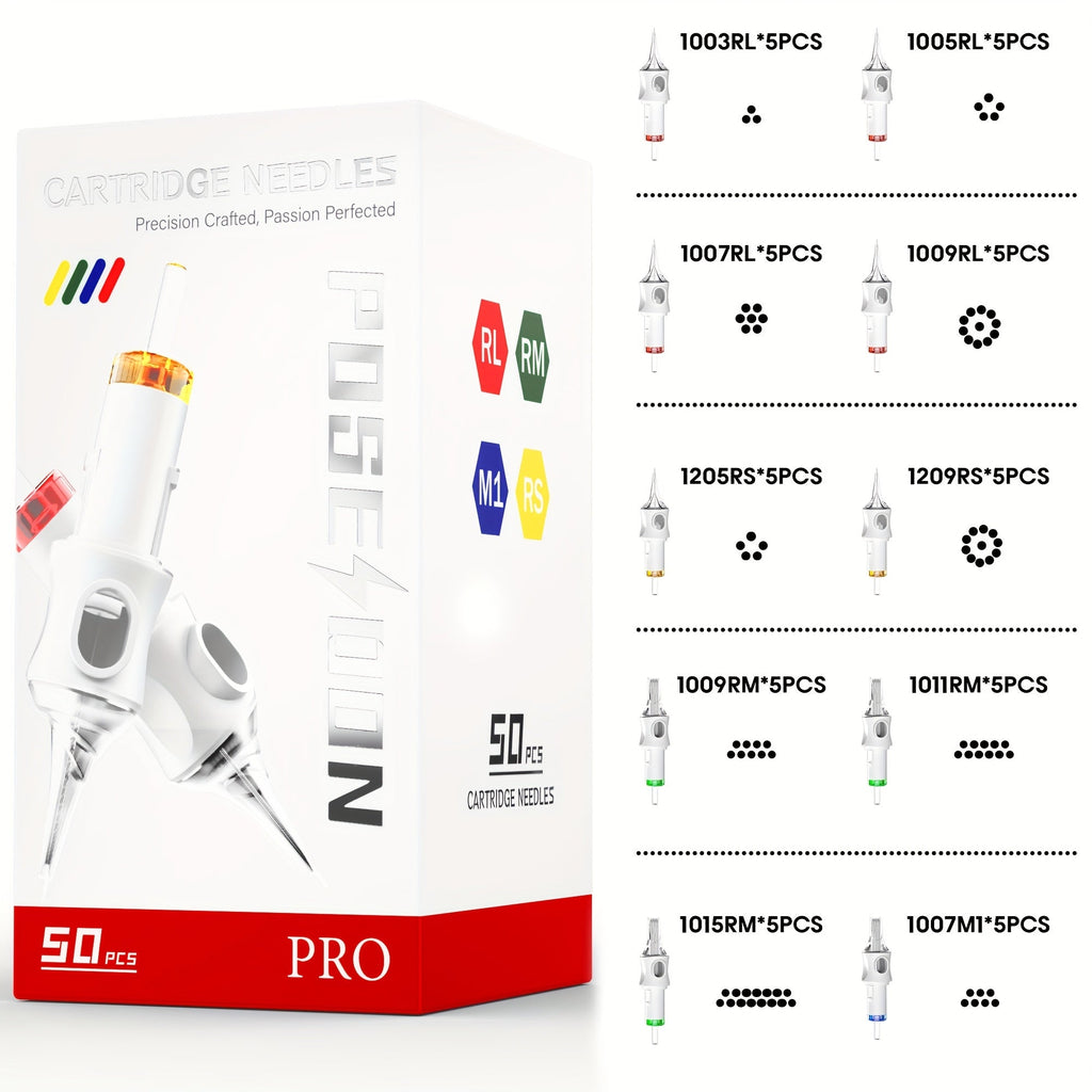 Tattoo Cartridge Needles 50pcs Mixed Size Set - Poseidon V6 Assorted Round Liner Shader Curved Magnum Disposable Needles 3RL 5RL 7RL 9RL 5RS 9RS 9RM 11RM 15RM 7M1 for Tattoo Machine