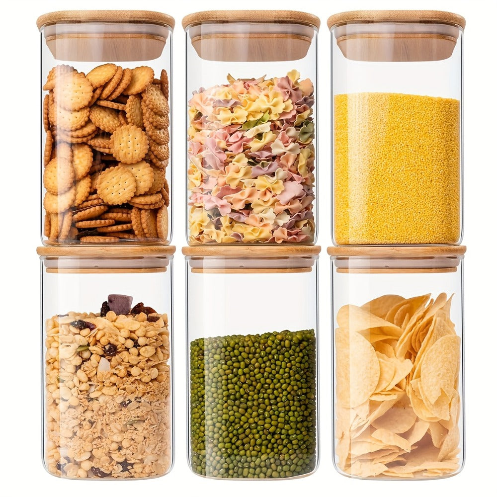 Glass Food Storage Jars with Bamboo Lids 37oz 6pcs Set Airtight Square Glass Containers for Kitchen Pantry Dry Food Tea Coffee Flour Sugar Candy Spices Cookies Clear Canister Organizer