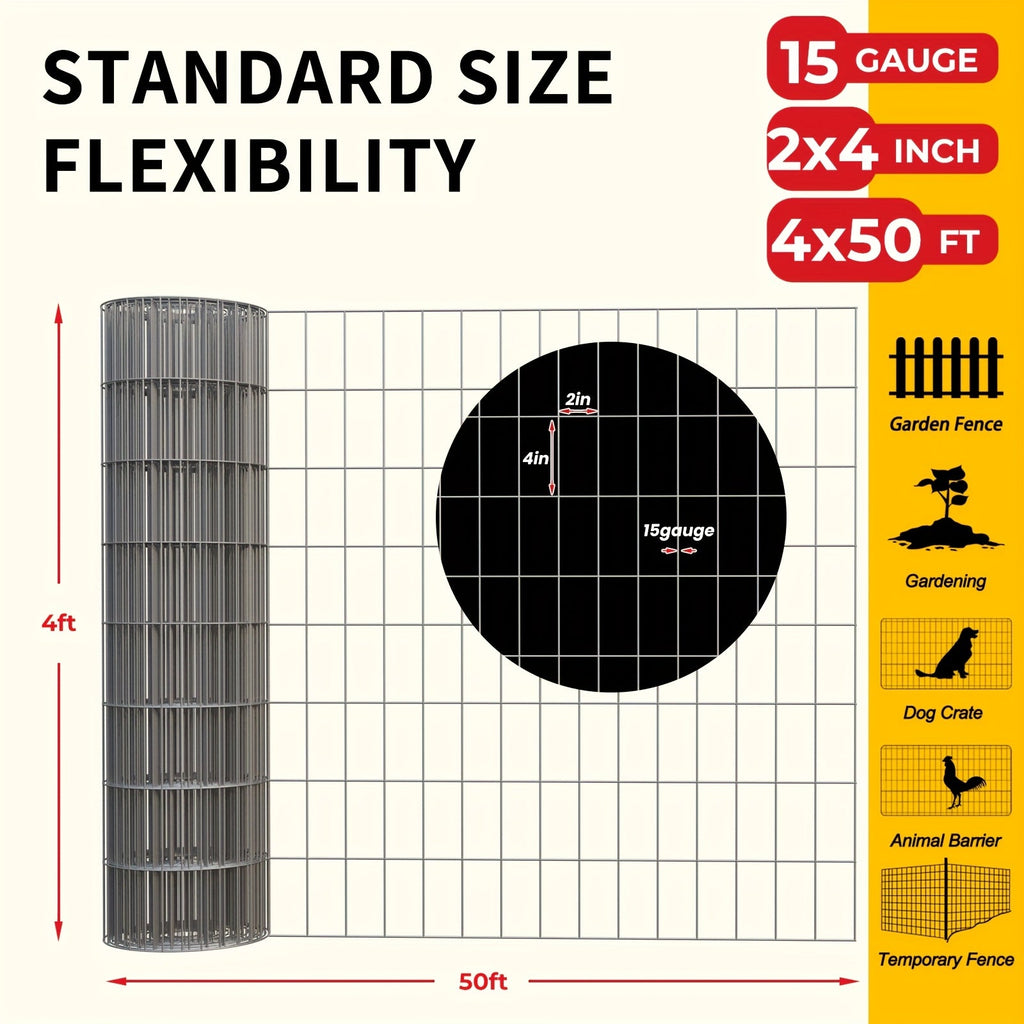 Welded Wire Mesh Fence Roll 50ft ¨C Galvanized Zinc-Coated Steel Hardware Cloth for Chicken Coop, Garden Fence, Pet Enclosure, Rabbit Hutch & Plant Support, Rust-Resistant, 4ft 5ft 6ft Wide Options