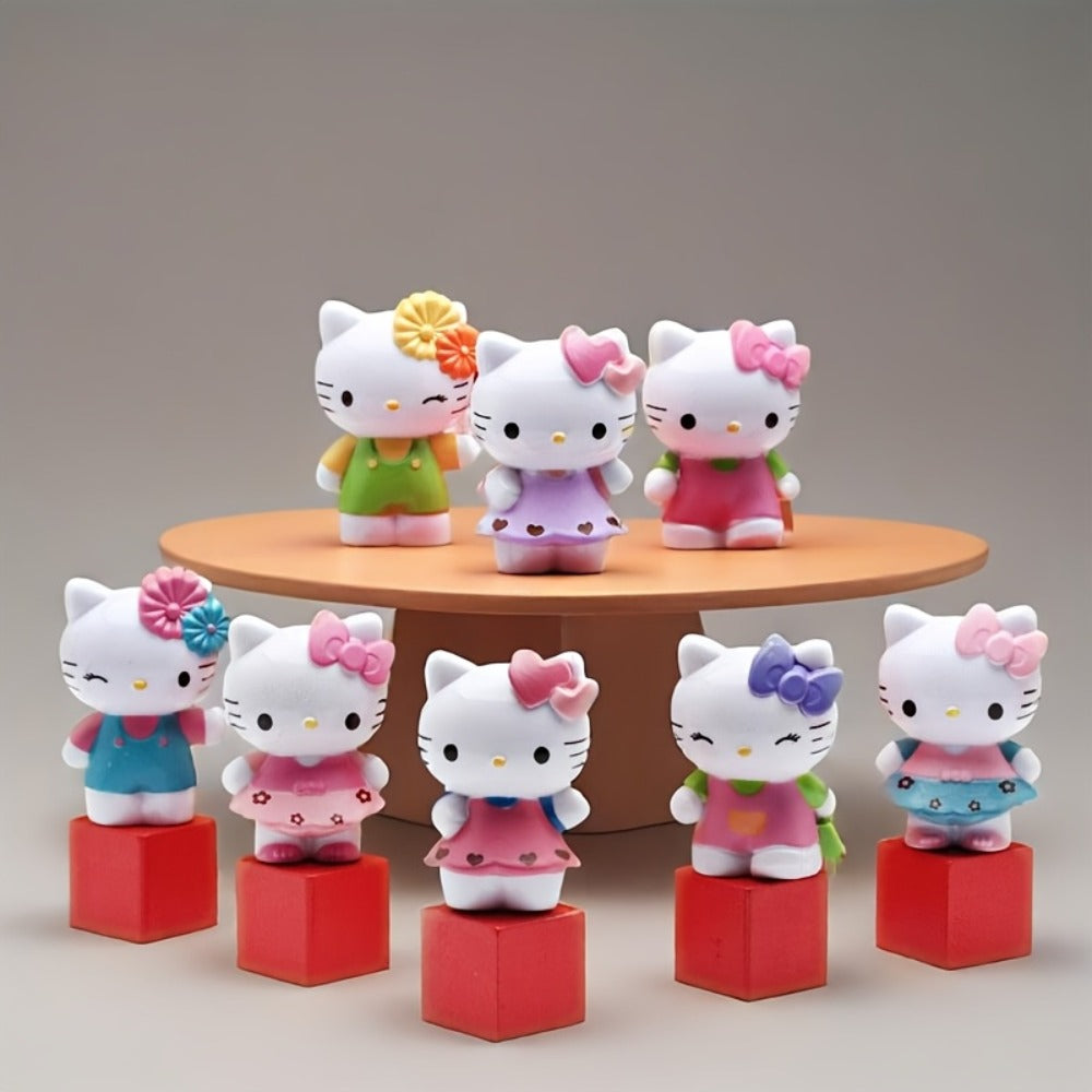 KT Cat Mini Figurine Set 8pcs | Cute Anime Desktop Ornaments Collectible Dolls | Car Dashboard Home Office Decor Gift for Birthday Valentine's Day Halloween Christmas
