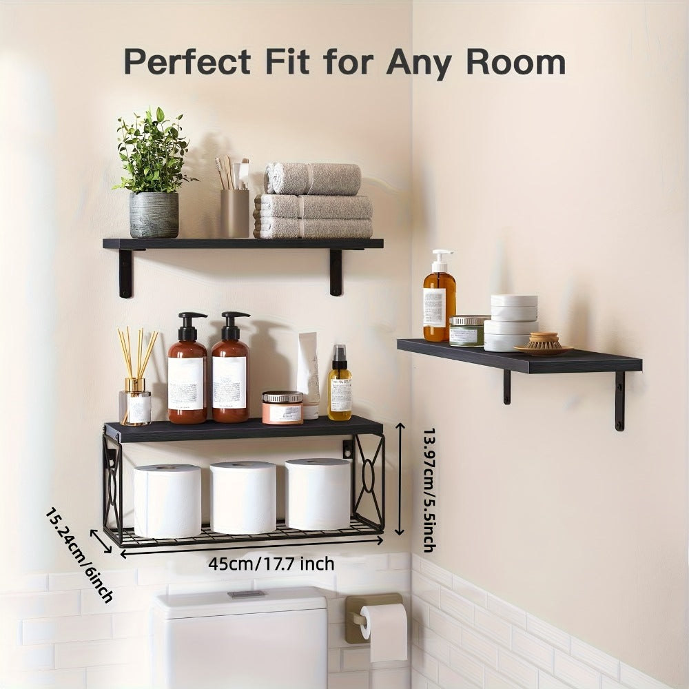 Floating Shelves Over Toilet 3-Piece Set | Farmhouse Bathroom Wall Mounted Storage Shelf for Toilet Paper, Towels & Decor ¨C Black, Brown, Burlywood