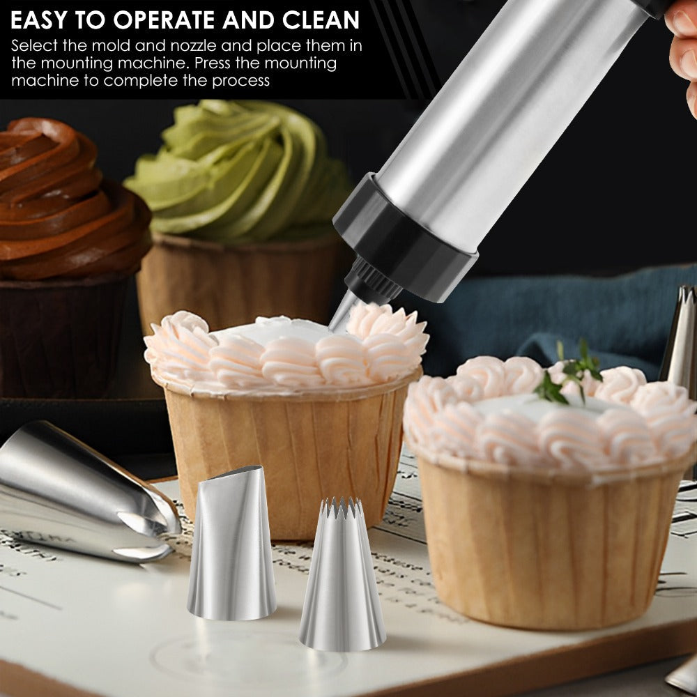 Cookie Press Kit Stainless Steel - 16 Cookie Discs & 8 Icing Tips, Biscuit Press Maker for Christmas Holiday Baking, Cake Dessert Decorating Tool Set with Cleaning Brush