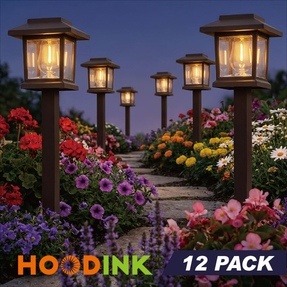 Solar Pathway Lights Outdoor Edison Style LED ¨C Up to 12 Hours Auto On/Off IP44 Waterproof | Warm White Solar Garden Lights for Yard, Driveway & Walkway | Black & Brown Upgraded Stake Lights