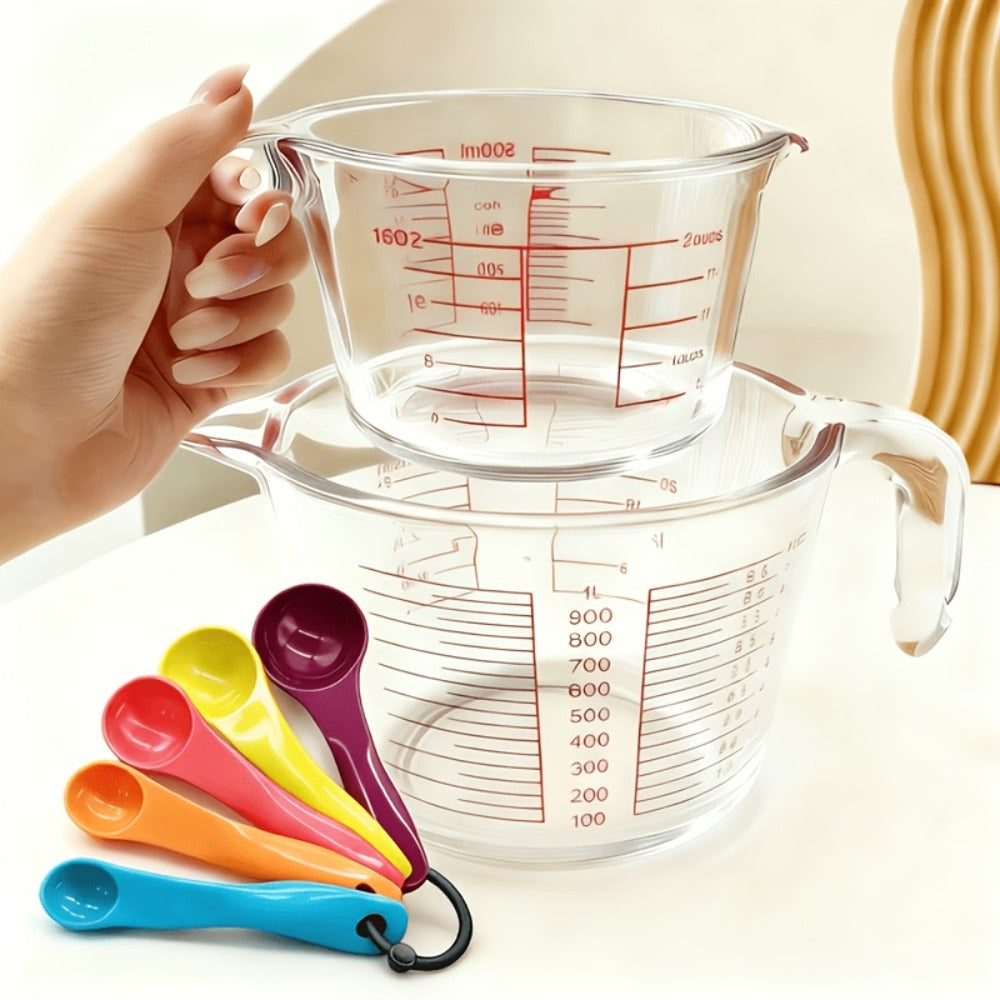 Glass Measuring Cup Heat Resistant Large Capacity with Handle 16.9 oz 33.8 oz Reusable Kitchen Baking Liquid Measuring Cup Set with Measuring Spoons