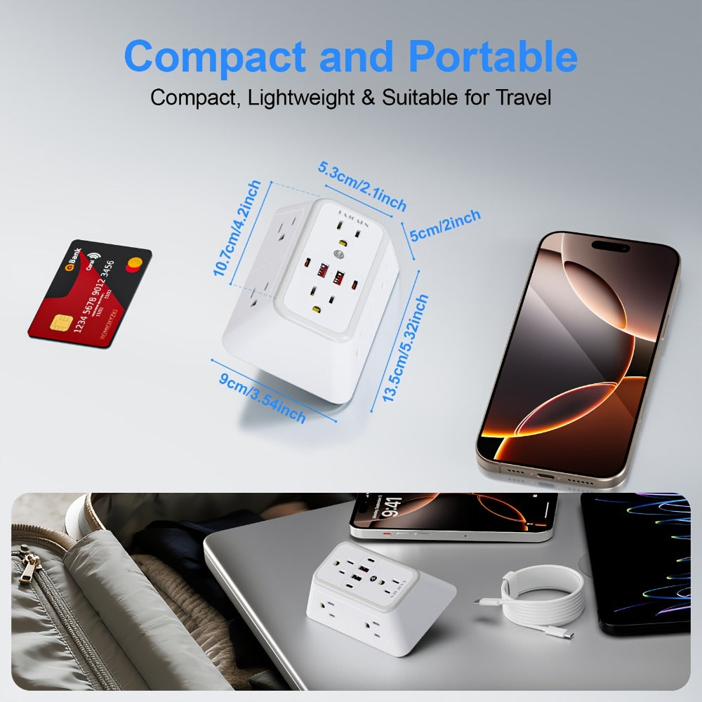 Outlet Splitter Wall Expander 10-in-1 with 6 AC Outlets 2 USB-A 2 USB-C Ports 3-Sided Plug Extender Surge Protector Night Light Compact Space-Saving Design for Home Dorm Apartment Office
