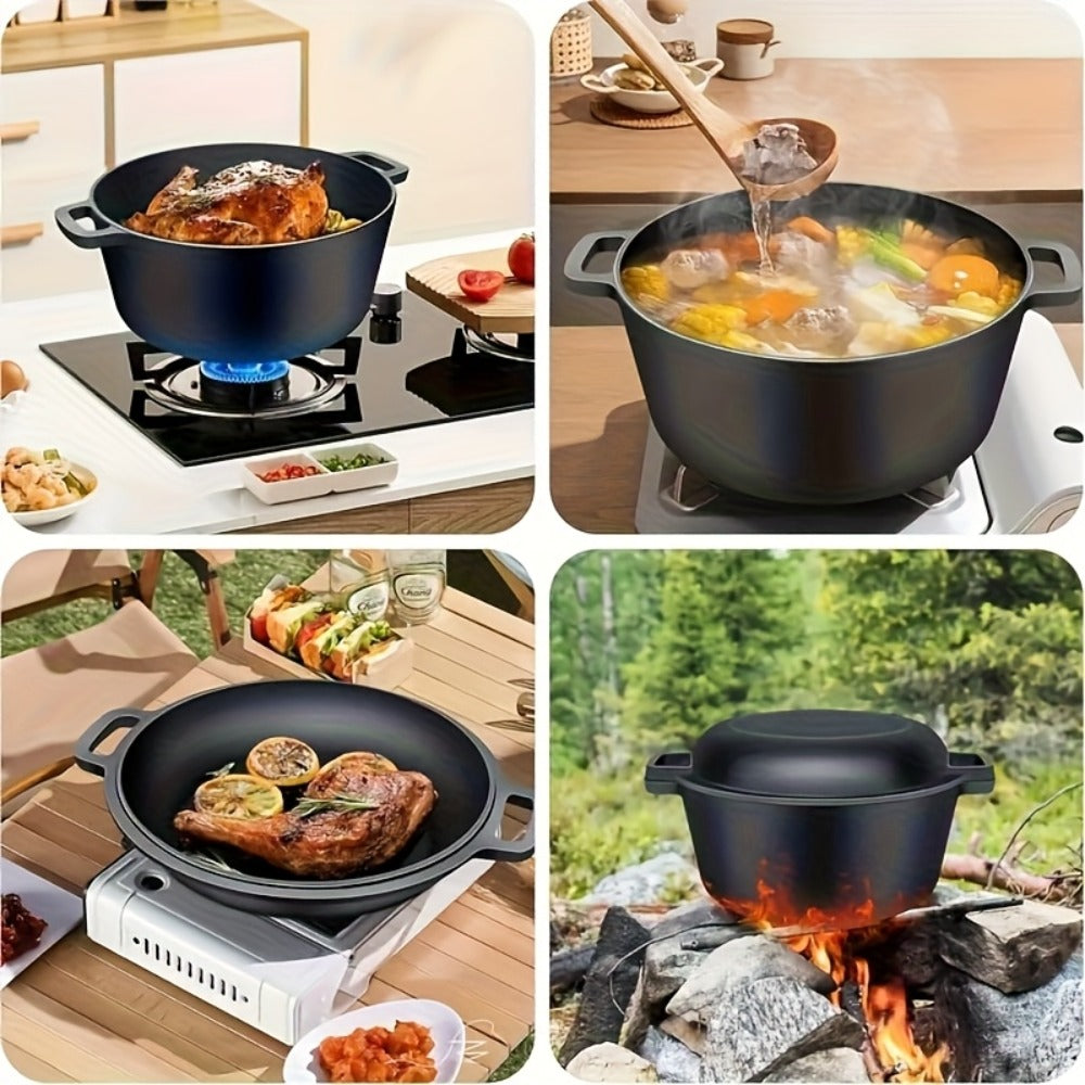 Cast Iron Dutch Oven Set 5.1QT & 7QT with Skillet Lid ¨C Pre-Seasoned 2-in-1 Cookware for Stovetop, Induction, Oven, Campfire & BBQ, Sourdough Bread Baking, Frying, Camping