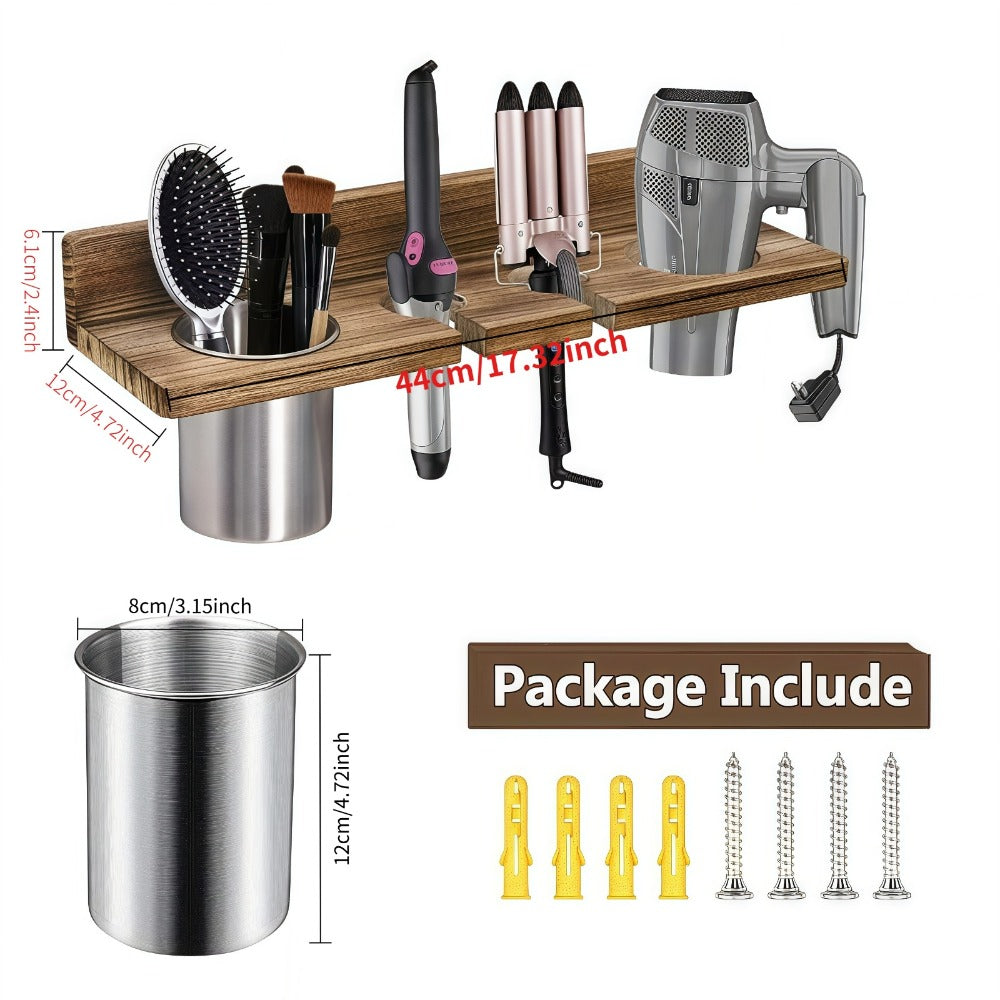 Wall Mounted Hair Tool Organizer ¨C Wooden Hair Dryer Holder & Storage Rack for Curling Iron, Straightener & Brushes, Rustic Bathroom Salon Shelf (Brown & Black)