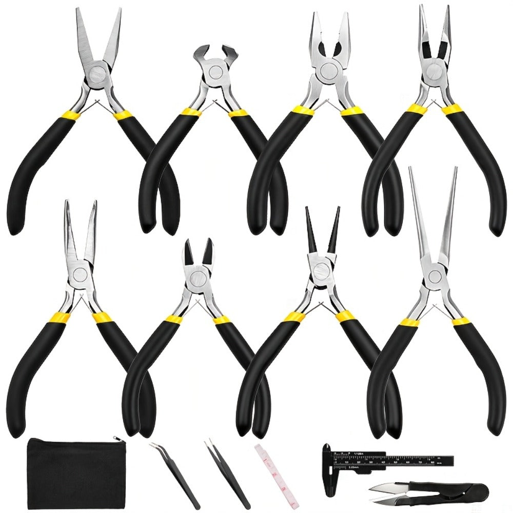 Jewelry Making Pliers Set 3/14pcs Tool Kit - Professional Round Nose, Flat Nose & Needle Nose Pliers, Wire Cutters, Tweezers, Scissors, Vernier Caliper, Storage Bag, for Beading, Wire Wrapping & DIY