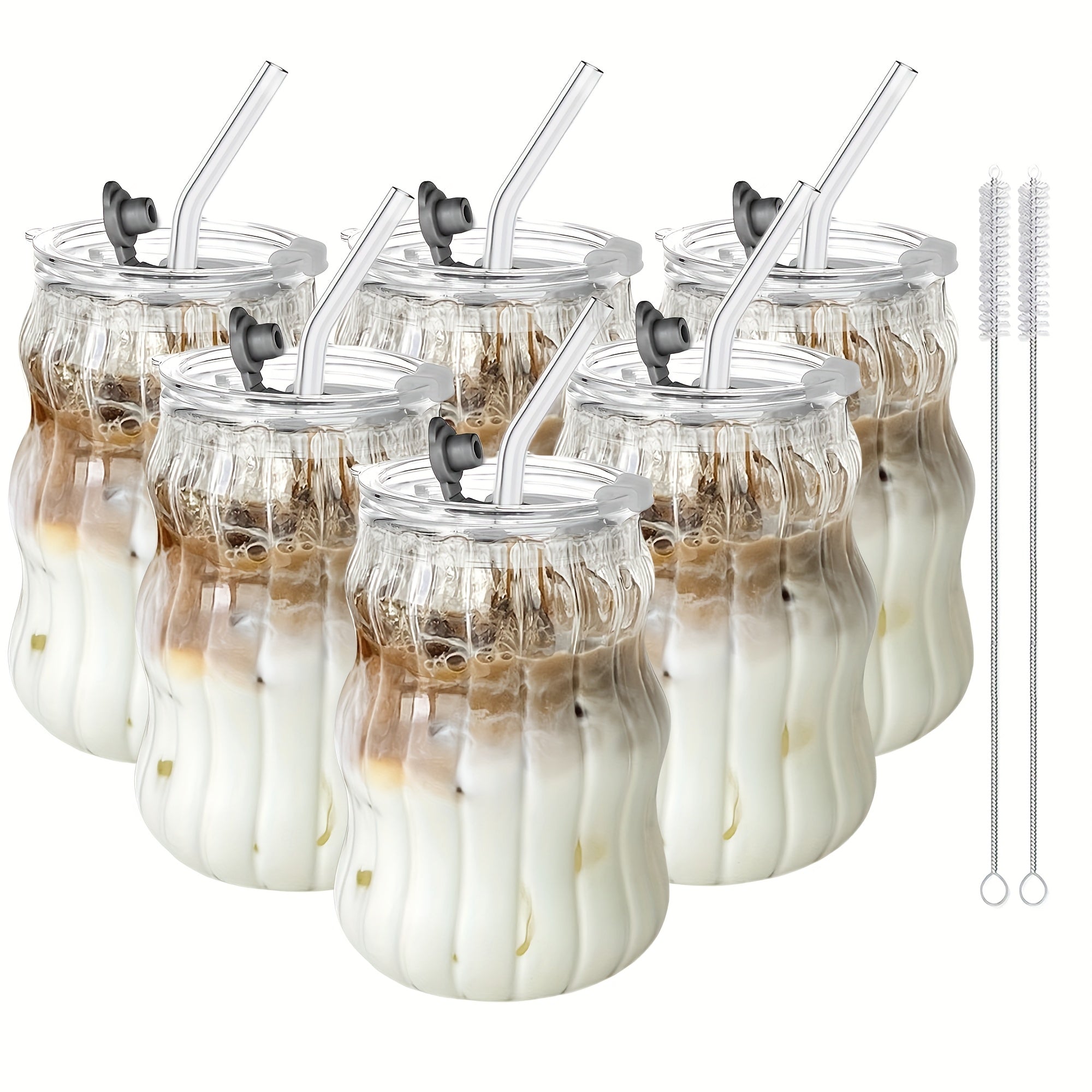 Borosilicate Glass Cups with Straws Cloud Design U-Shaped Insulated Cold Drink Glasses BPA-Free 18oz Set of 4 or 6