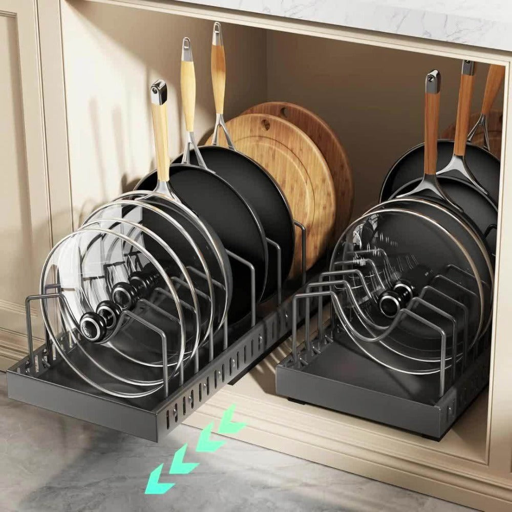 Pull-Out Pot and Pan Lid Rack Cabinet Sliding Storage Organizer - Kitchen Cabinet Slide-Out Box with 8/16 Adjustable Dividers for Lids, Baking Tools & Plates, Black or White, 1 or 2 Pack