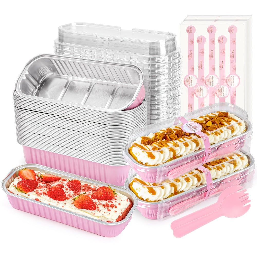 Mini Cake Pans 100 Pack with Lids and Spoons Aluminum Foil Rectangular Disposable Baking Pans 6.8oz for Cheesecake Desserts Gifts Party Catering 6 Colors