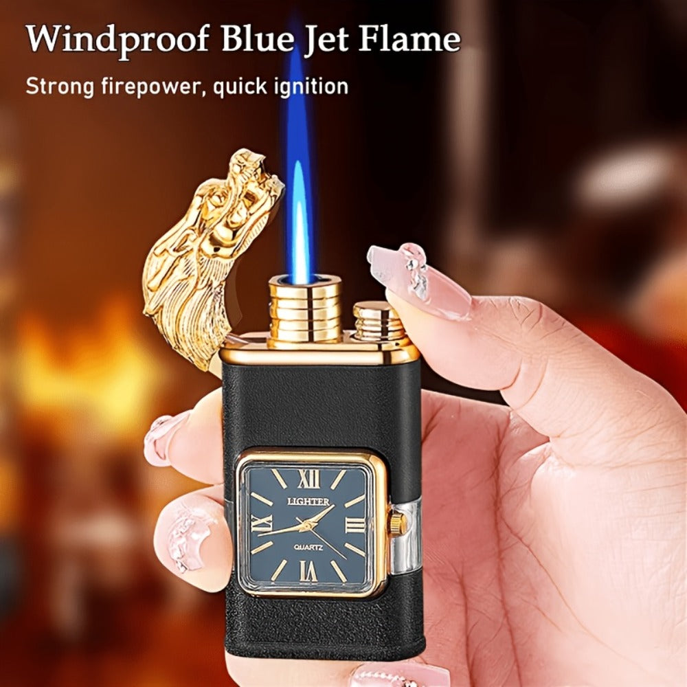Double Flame Torch Lighter for Men ¨C Windproof Refillable Butane Lighter with Vintage Quartz Dial, Zinc Alloy Body, Gift Box Included, Outdoor Camping BBQ Survival, Unique Engraved Style (Butane Not Included)