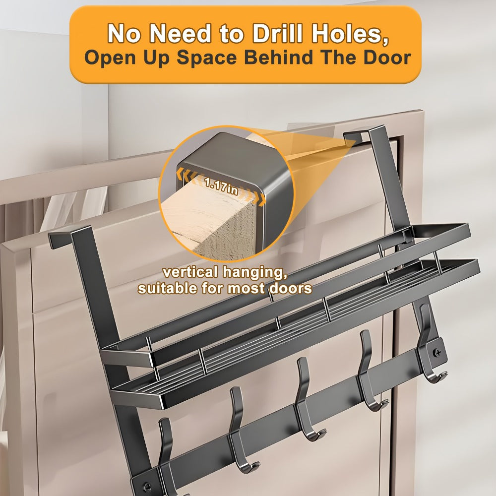 Over Door Hook Rack Metal | No Drill Behind Door Organizer with 5 6 8 Hooks for Clothes Bags Keys Towels ¨C Space-Saving Wall Mount Storage for Bedroom Bathroom Entryway Closet