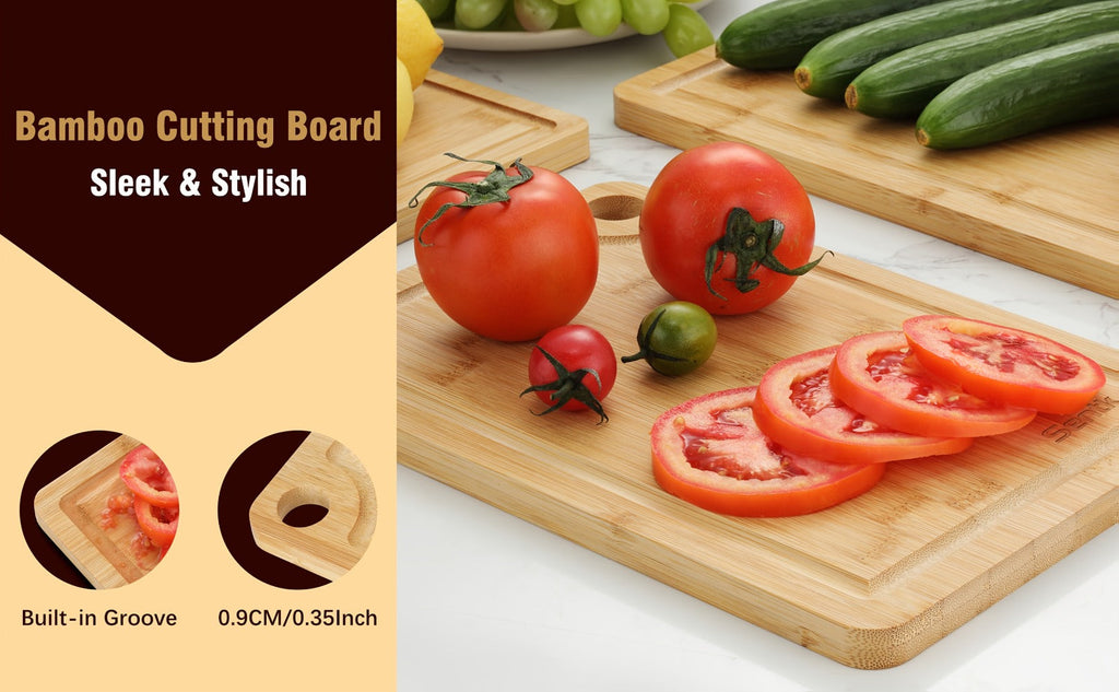 Wood Cutting Board Set of 3 Natural Wooden Chopping Boards with Juice Groove & Non-Slip Edges ¨C Reversible Design for Meat BBQ Home Kitchen Restaurant Holiday Gift
