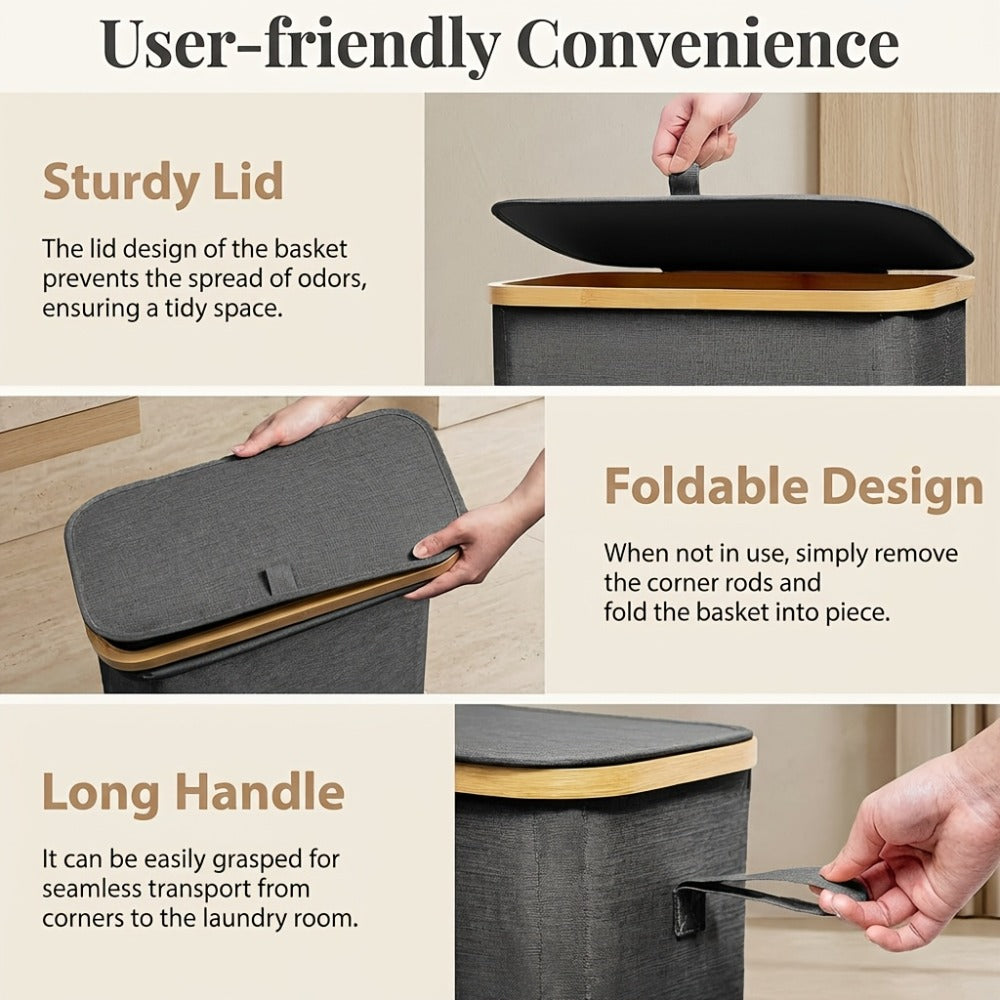 Slim Laundry Hamper with Lid & Removable Bag ¨C Foldable Narrow Clothes Basket with Bamboo Handles for Bathroom, Bedroom & Dorm ¨C 50L / 65L / 75L Space-Saving Collapsible Laundry Bin
