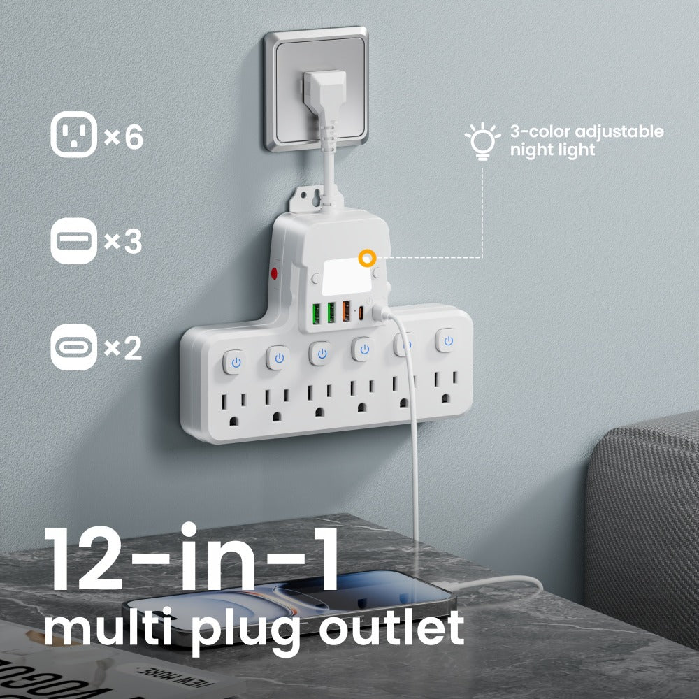 Desktop Power Strip 11-in-1 with 6 AC Outlets 3 USB-A 2 USB-C Ports 6 Individual Switches Multifunctional Charging Station for School Studio Workshop Home Office Desk