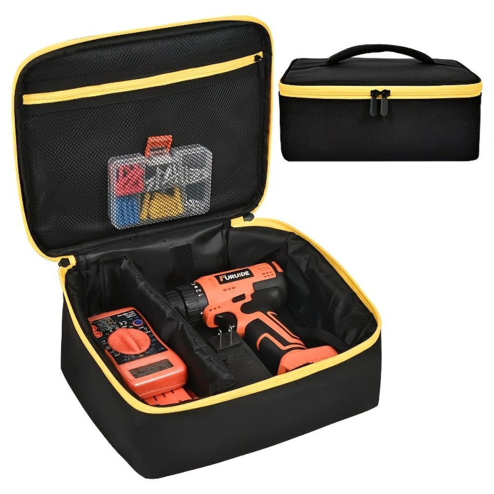 Tool Bag for Dewalt Cordless Router DCW600B XTR01Z - Heavy Duty Fabric Organizer with Mesh Pockets, Battery Holder, Charger Compartment, Drill Bit Storage, Black Yellow Trim