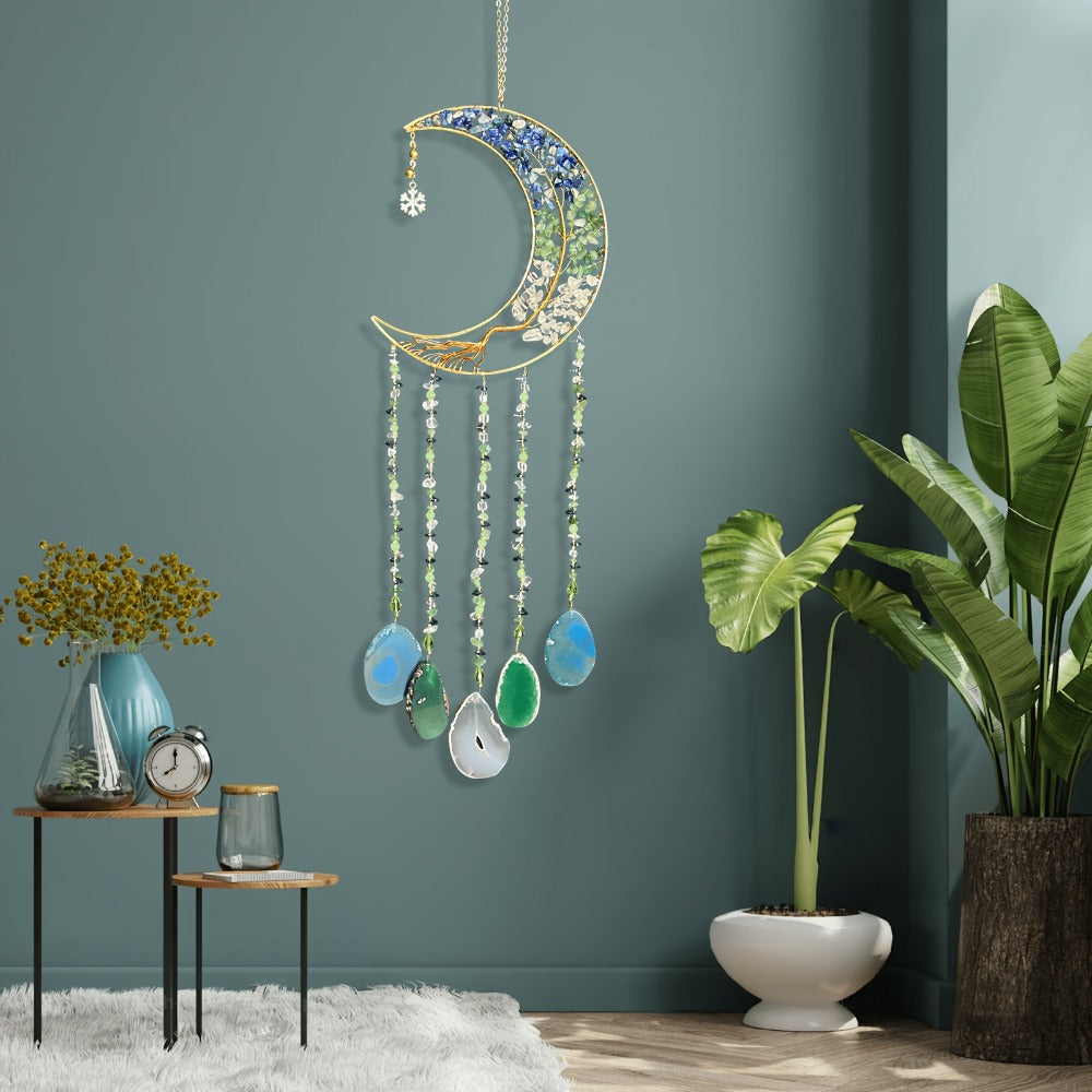 Moon Agate Tree Hanging Ornament Handmade Boho Suncatcher Wall Decor - Crystal Window Sun Catcher Gift for Mom Friends Women Birthday Christmas Holiday Home Decoration