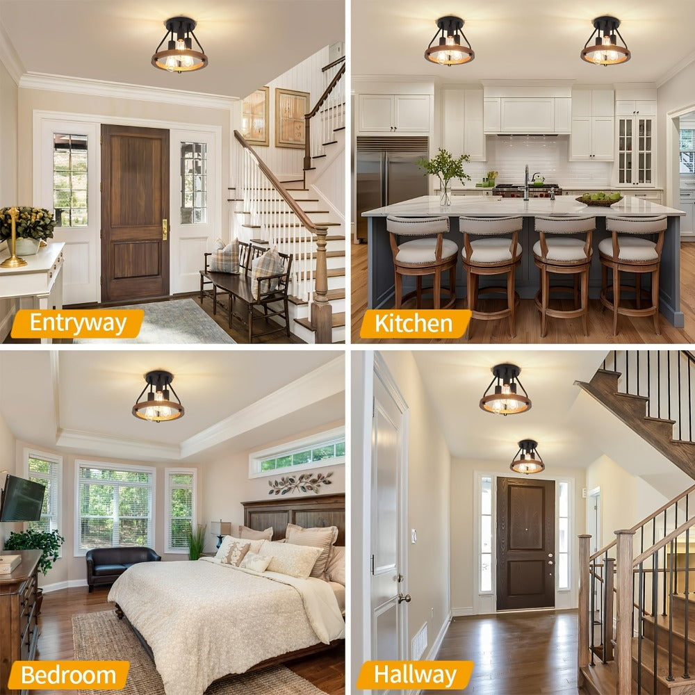 Farmhouse Semi Flush Ceiling Light 3-Bulb Wood & Metal - Rustic Industrial Ceiling Lamp for Kitchen Bedroom Dining Room Hallway Entryway Laundry Room (Bulb Not Included)
