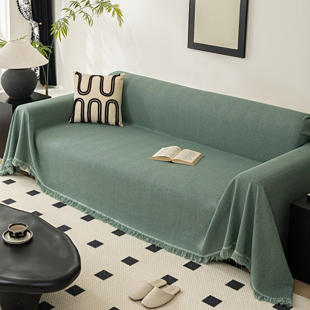 Herringbone Sofa Throw Cover with Tassels Jacquard Woven Solid Color Washable Polyester Sofa Blanket Slipcover for 3 4 Seater Couch Living Room - Grey Coffee Green Blue