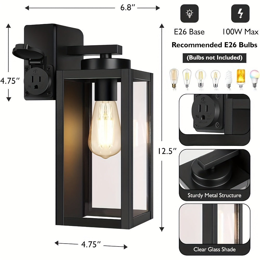 Outdoor Wall Light with Outlet 2-Pack - Modern Exterior Porch Wall Sconce Lighting Fixture for Front Door, Garage & Patio, Weather Resistant, Black & Oil-Rubbed Bronze Finish