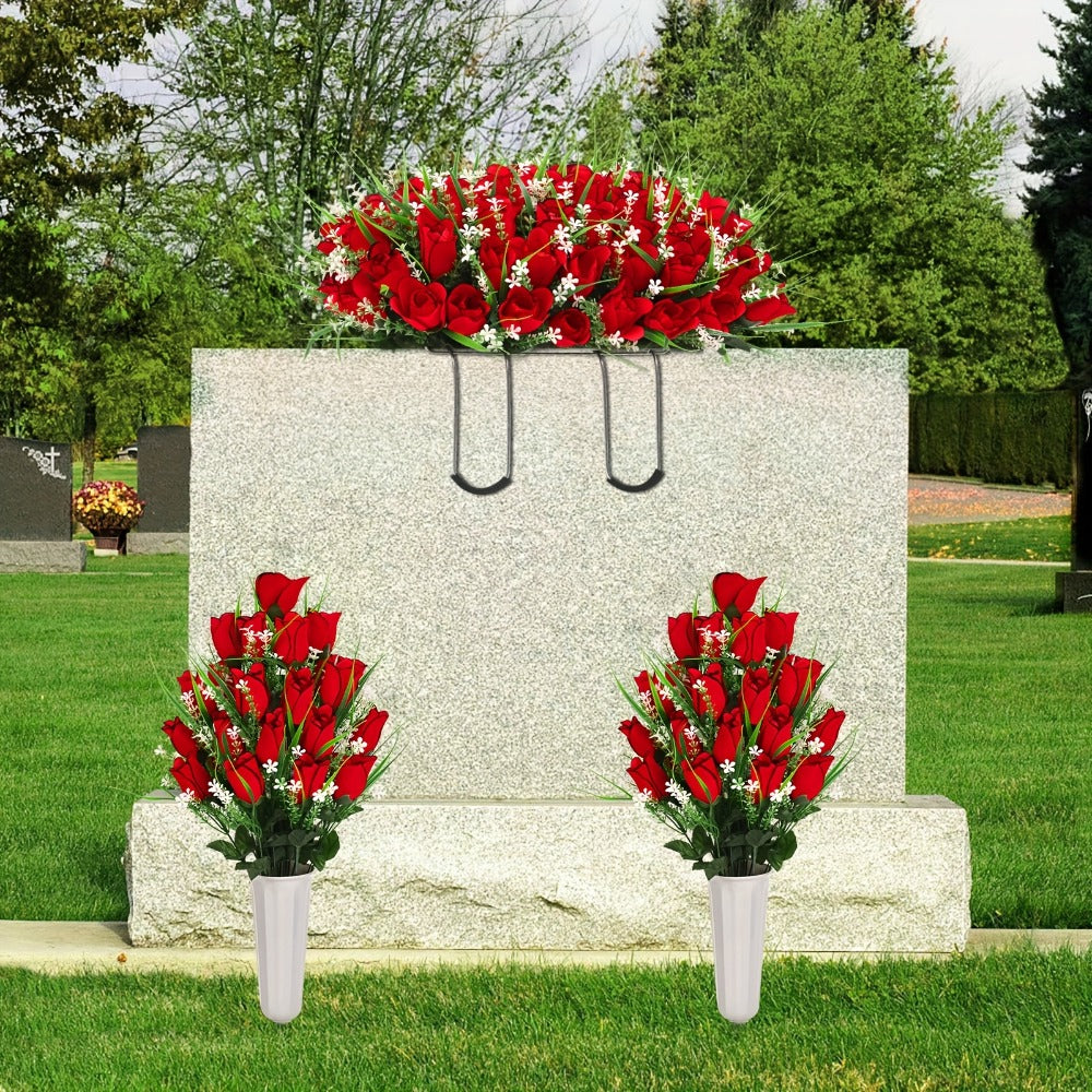 Artificial Cemetery Grave Flowers Silky Rose Bouquet Memorial Decoration