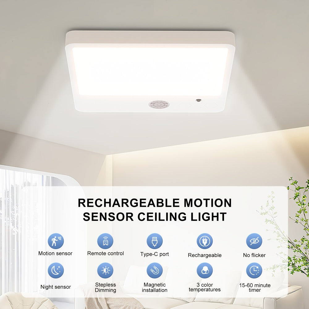Wireless LED Ceiling Light Motion Sensor Rechargeable Battery Powered 3 Color Temperatures Remote Control No Wiring Closet Light for Bathroom Staircase Garage Hallway Kitchen Pantry White 1 or 2pcs