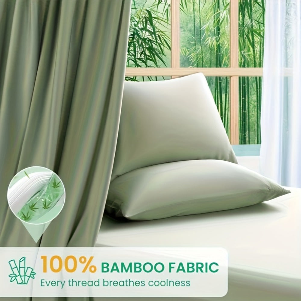 Cooling Sheet Set 4 Piece 2200TC Bamboo Blend - Silky Soft Deep Pocket 16 inch Fitted Sheet, Flat Sheet & Pillowcases, Breathable Luxury Bedding for Hot Sleepers Twin Full Queen King, Summer Chill Collection