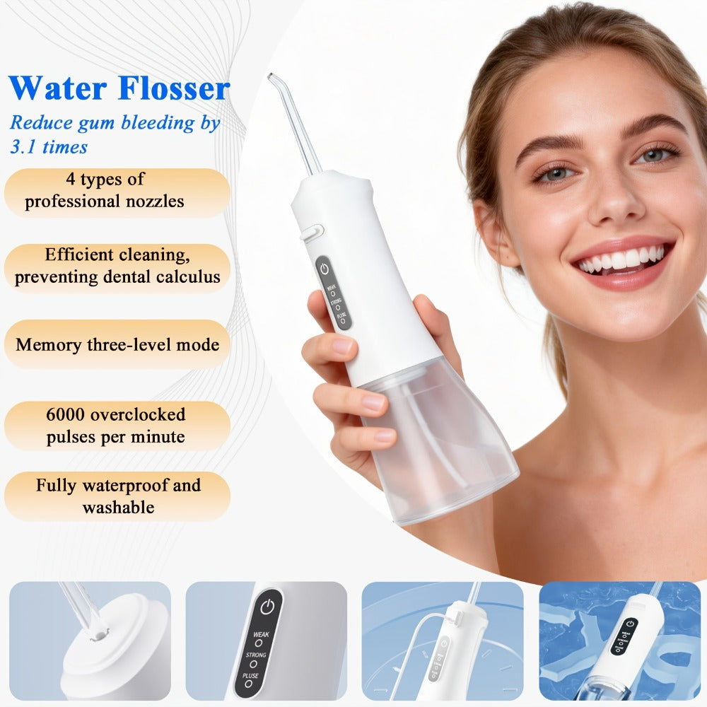 Water Flosser Cordless Oral Irrigator - Rechargeable Electric Dental Cleaner with 6 Interchangeable Nozzles, Adjustable Pressure Control, Plaque & Tartar Removal, USB Powered, Portable for Home & Travel Use