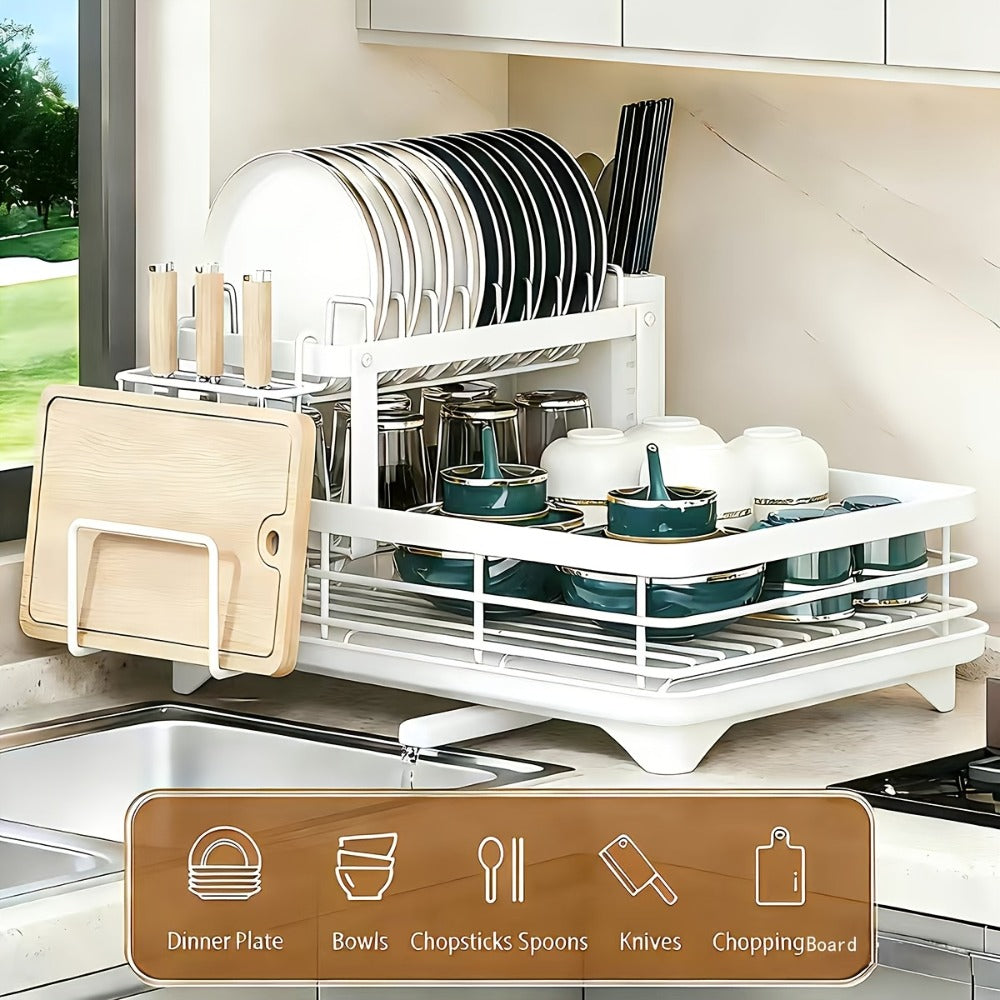 2-Tier Dish Drying Rack with Drainboard & Mat ¨C Metal Dish Rack for Kitchen Counter with Knife Fork Cup Holder